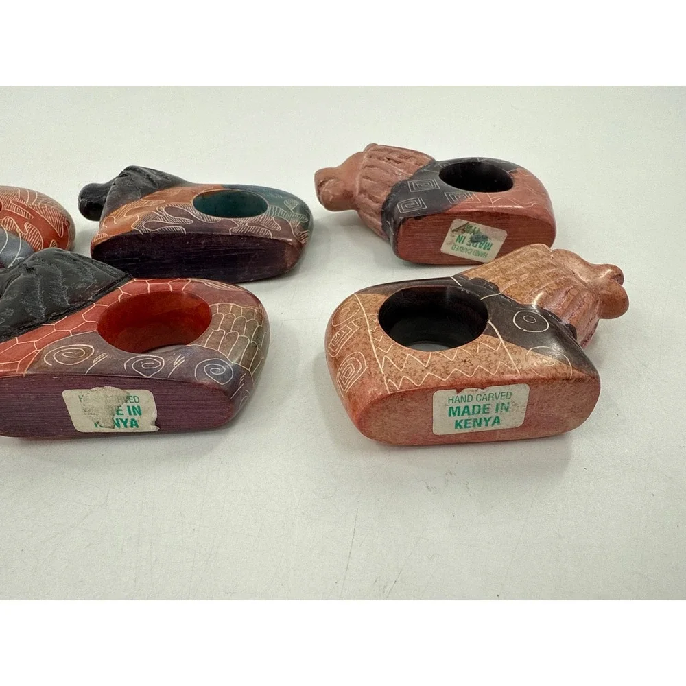 Hand Carved Soap Stone Animal Napkin Rings Set of 8 Kenya Lion Elephant Rhino